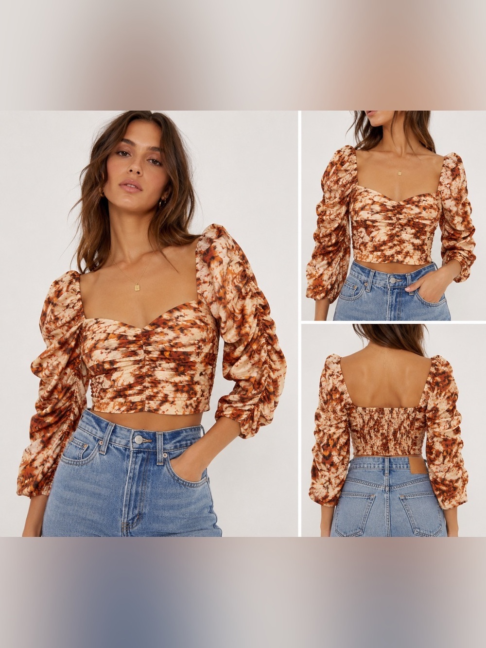 Zara Brown Tie-Dye Ruched Puff-Sleeve Crop Top